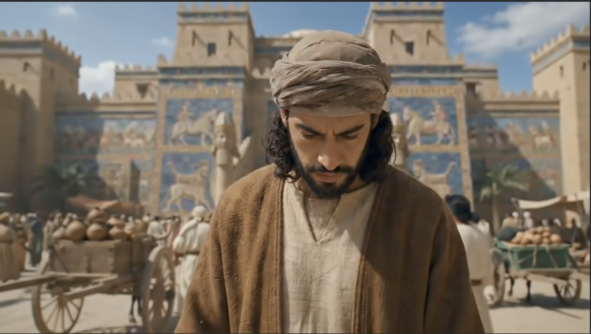 Jonah walks through a crowded market street as the painted gates of Nineveh rise behind him