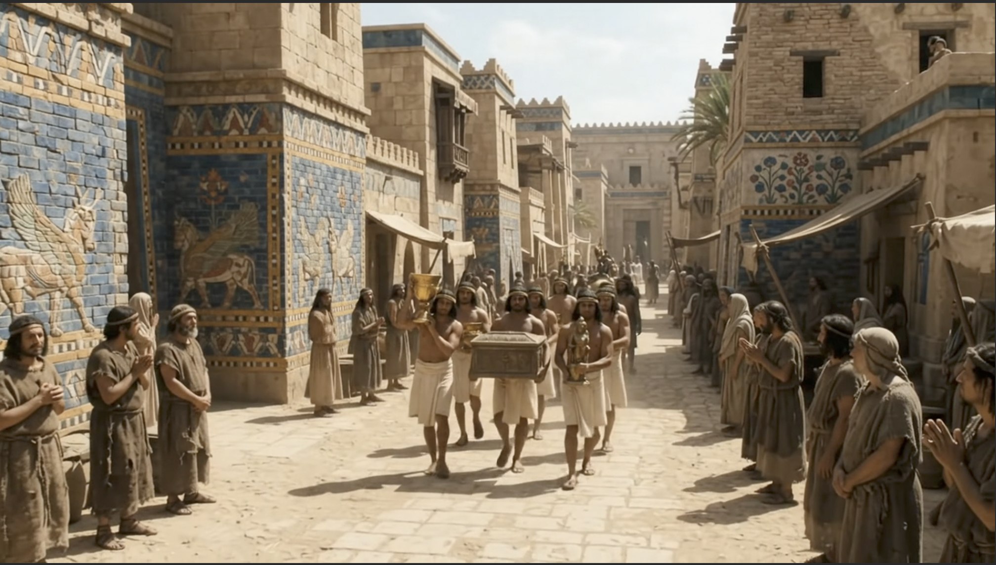 A procession carries golden vessels and a carved idol through the painted streets of Nineveh as onlookers watch