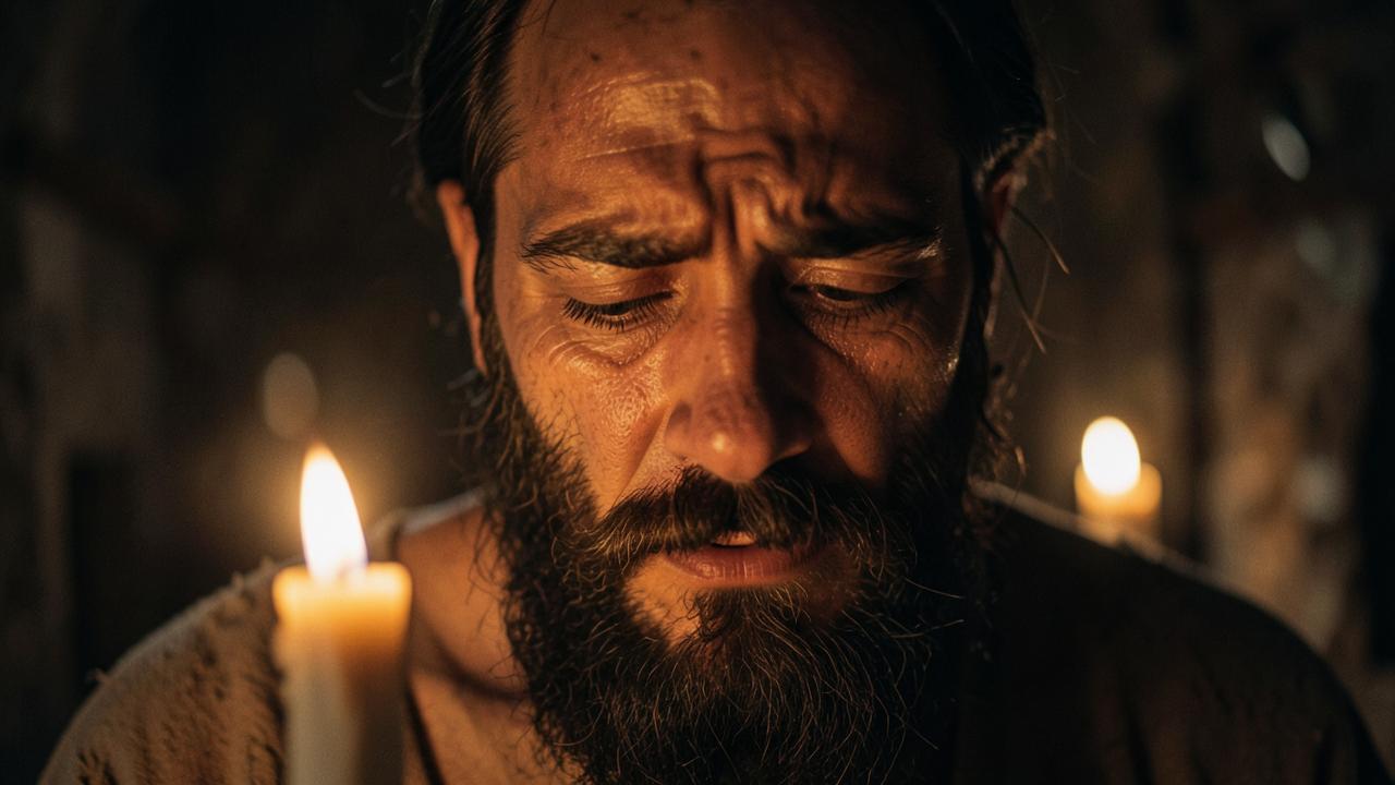Close-up of the prophet's anguished face lit by candlelight