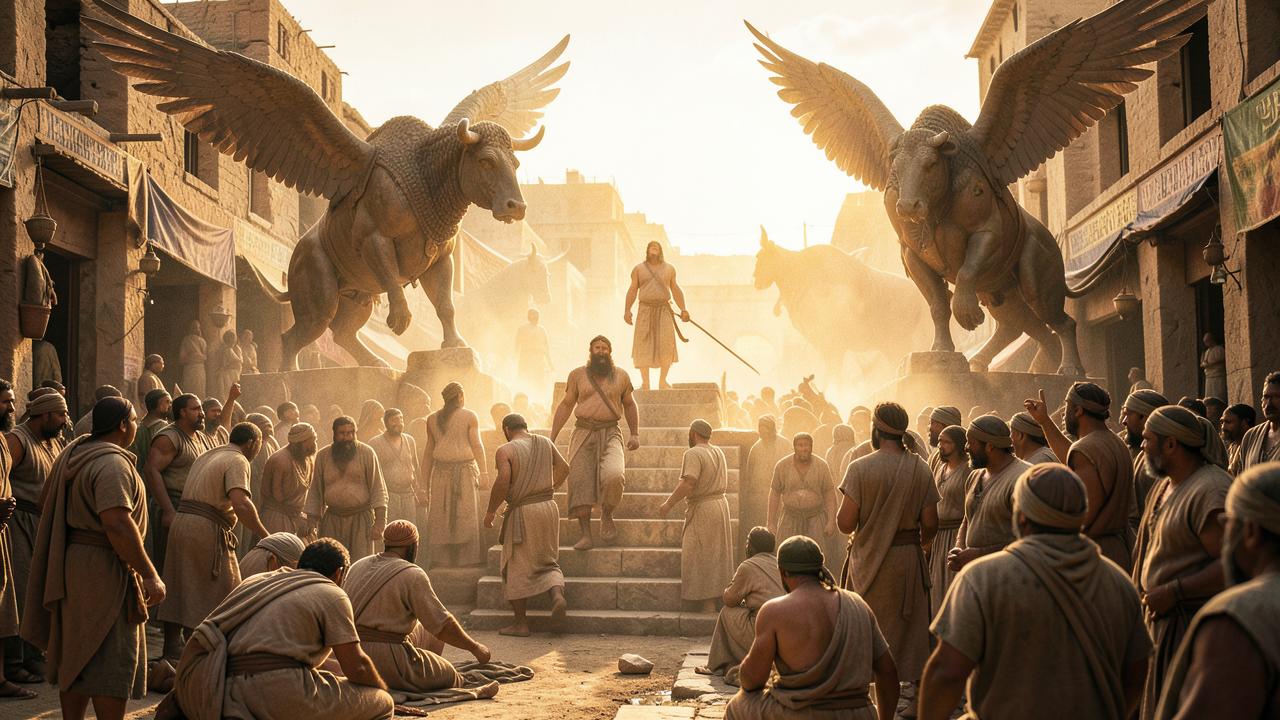 A king descends stone steps into a crowd of kneeling citizens beneath winged bull statues