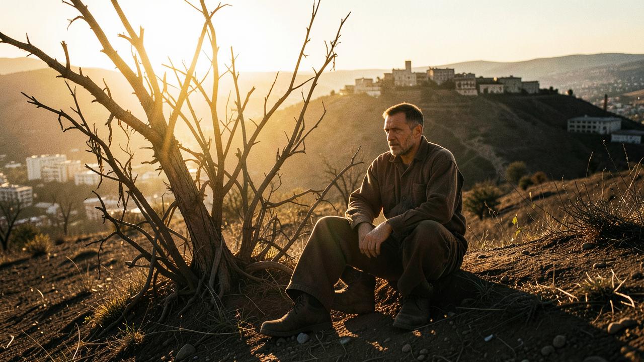 A man sits alone beneath a withered plant on a barren hill at harsh dawn