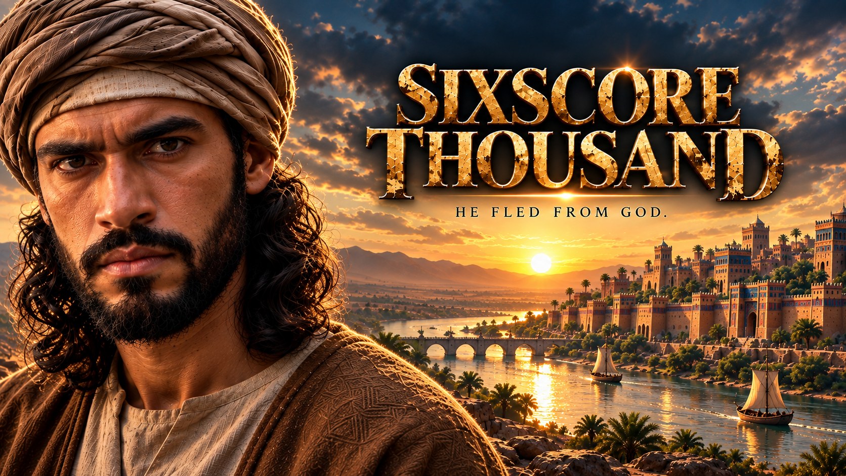 Sixscore Thousand — He Fled From God. A robed prophet before the walled city of Nineveh at sunset.